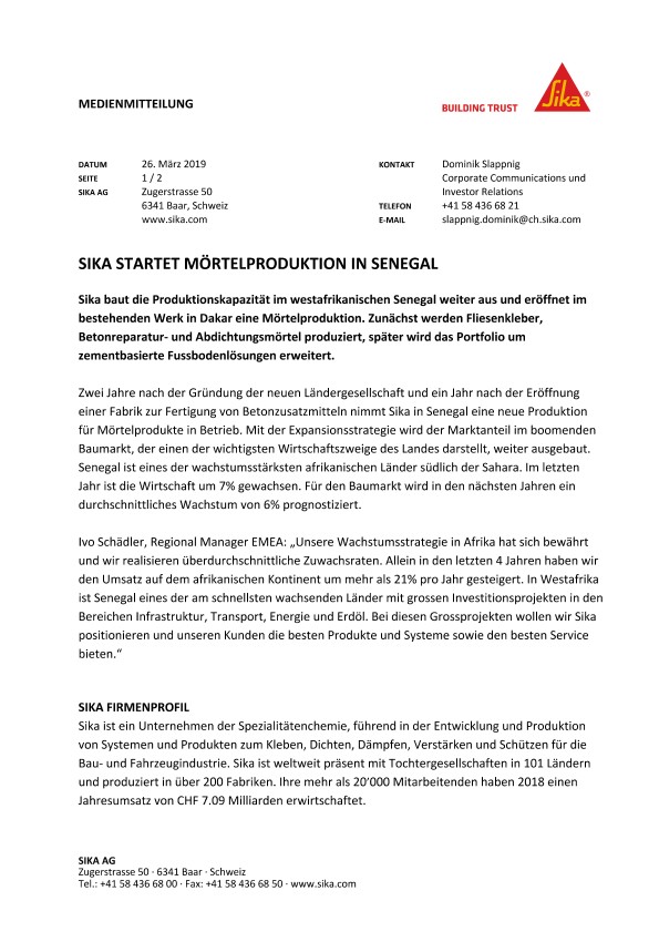 Sika startet Mörtelproduktion in Senegal