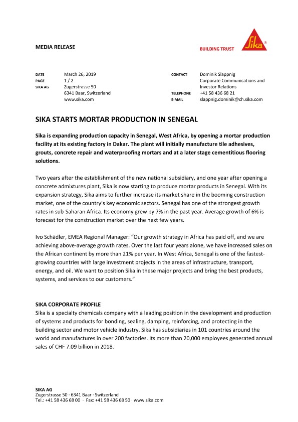 Sika Starts Mortar Production in Senegal