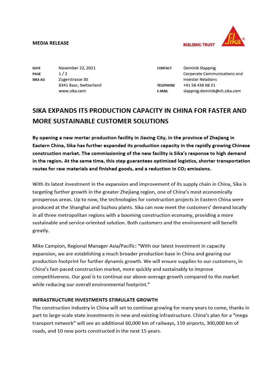 Sika Expands its Production Capacity in China for Faster and More Sustainable Customer Solutions