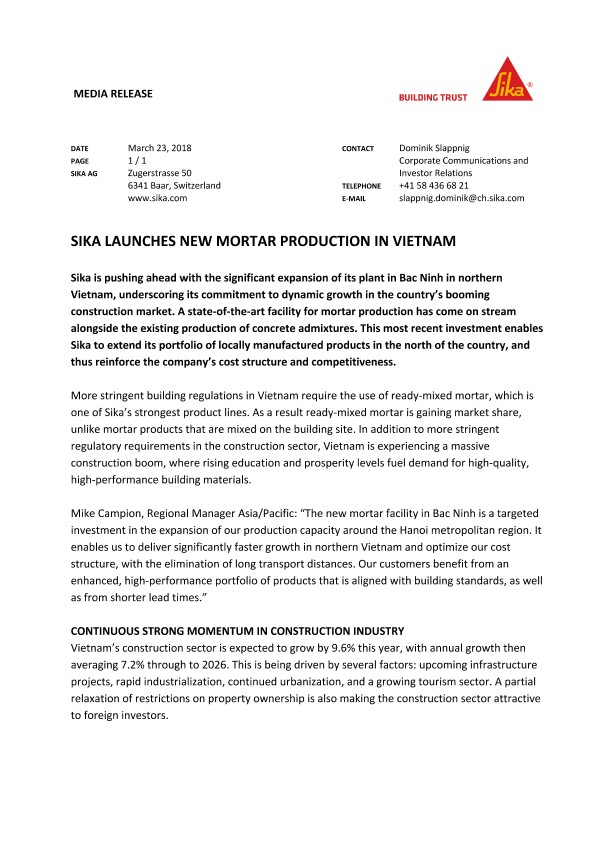 Sika Launches New Mortar Production in Vietnam