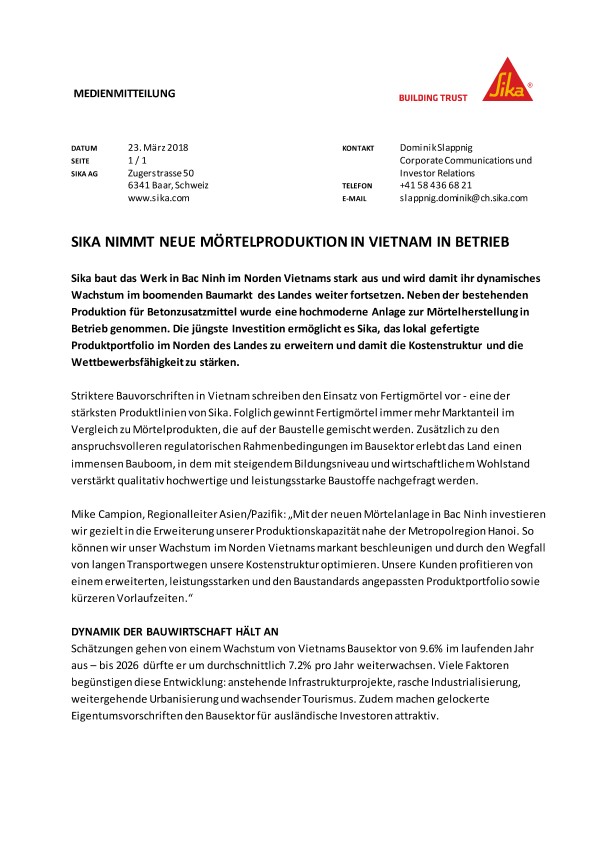 Sika nimmt neue Mörtelproduktion in Vietnam in Betrieb